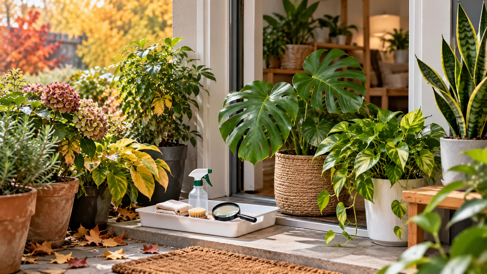 Close-up inspection of a houseplant leaf for pests before bringing plants indoors