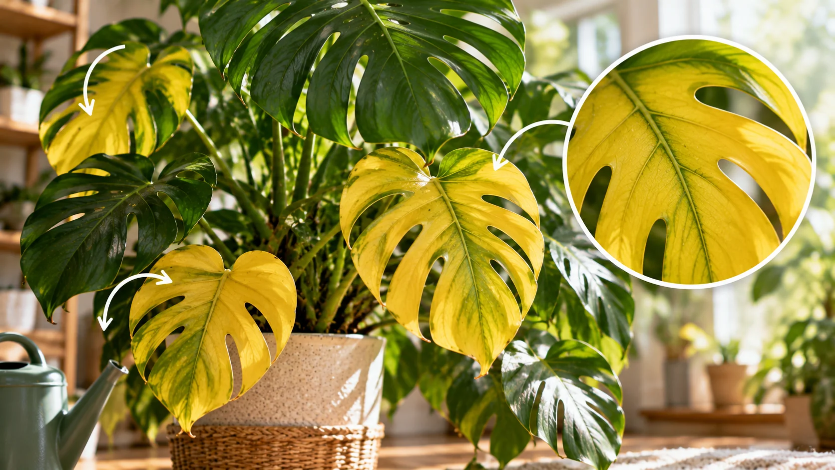 Yellow leaves highlighted on a Monstera deliciosa houseplant
