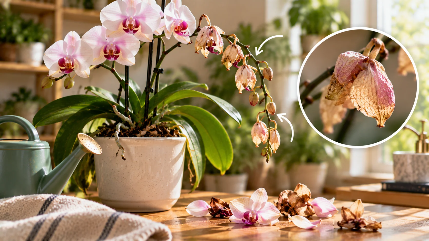Phalaenopsis orchid being cared for indoors during the fall season