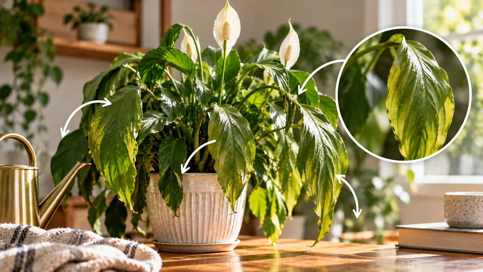 Drooping peace lily leaves highlighted for plant problem diagnosis