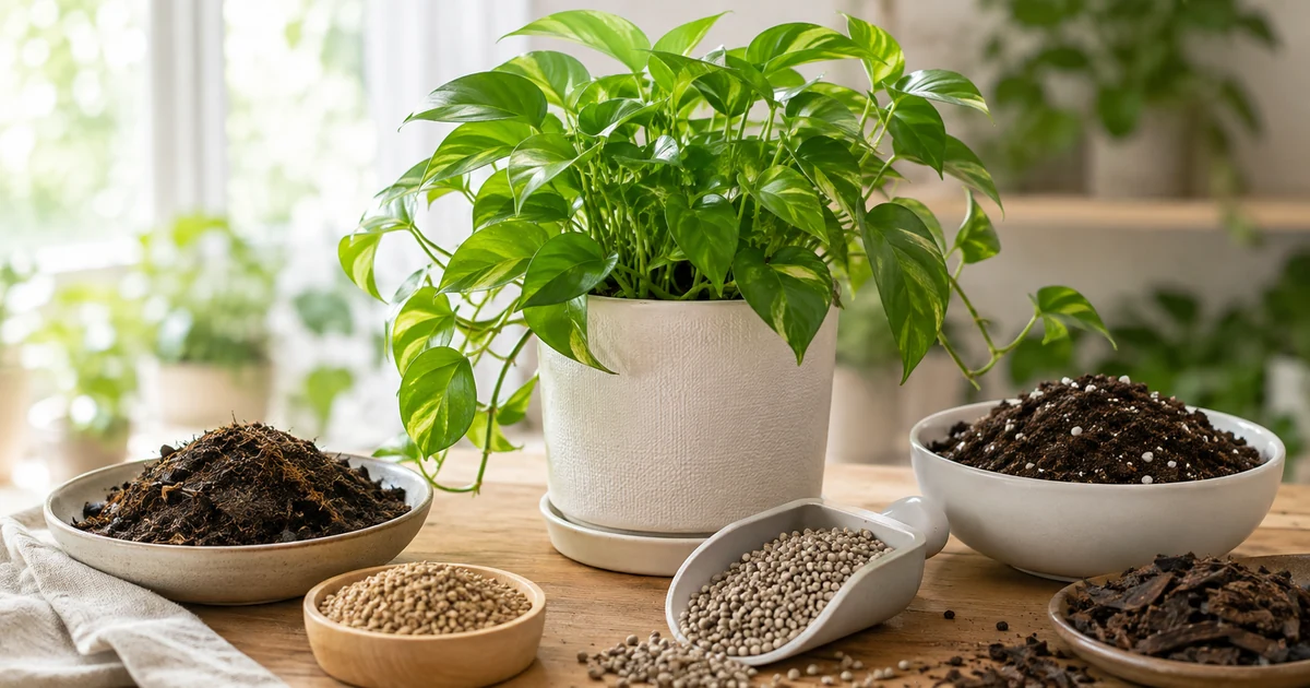 Fertilizer and organic soil amendments beside a healthy potted plant