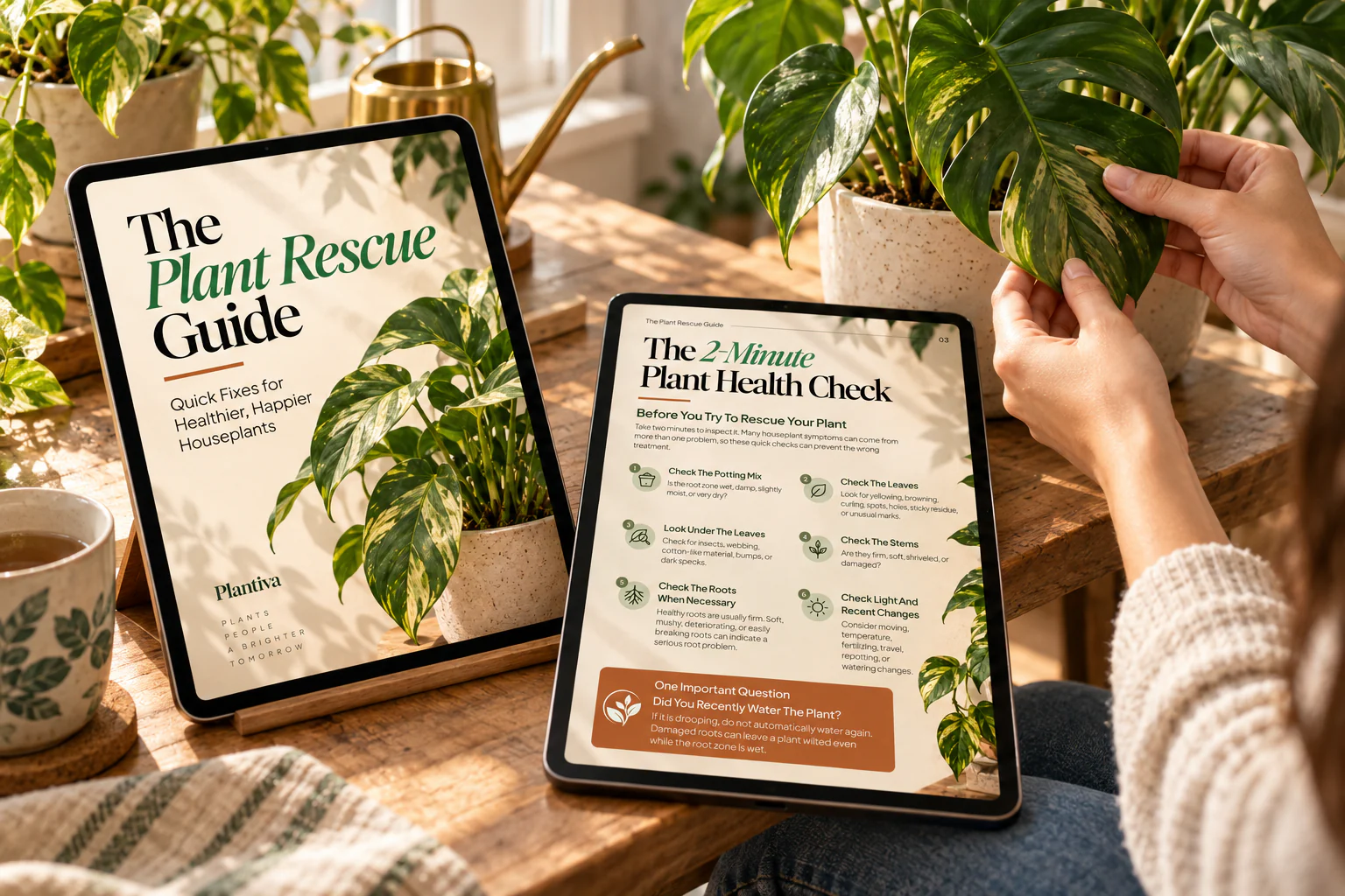 Plant owner using The Plant Rescue Guide while inspecting a houseplant