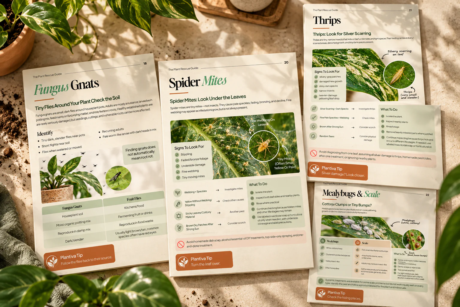 Plant Rescue Guide pages for fungus gnats, spider mites, thrips, mealybugs and scale