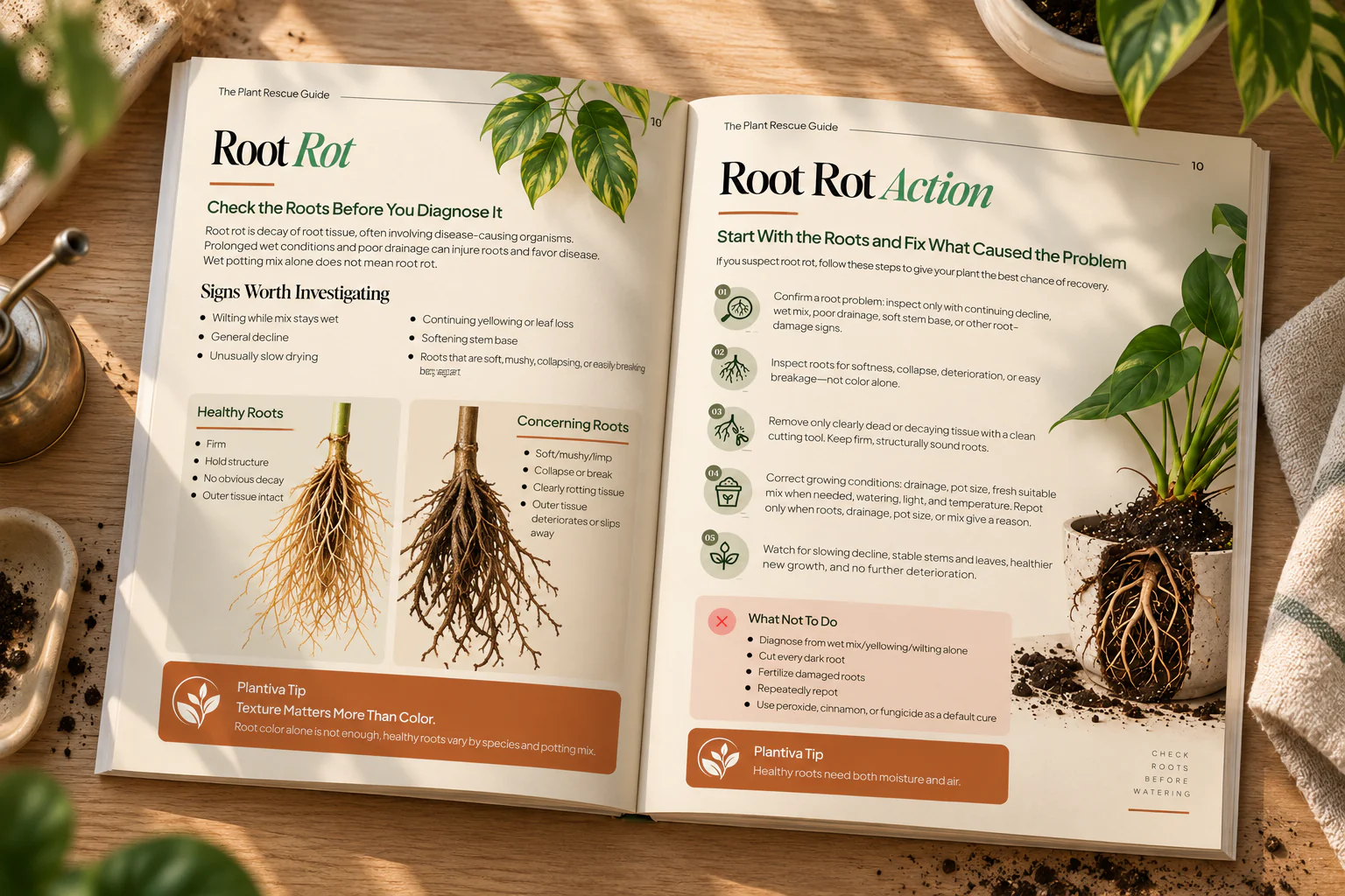 Root rot diagnosis and recovery action pages from The Plant Rescue Guide