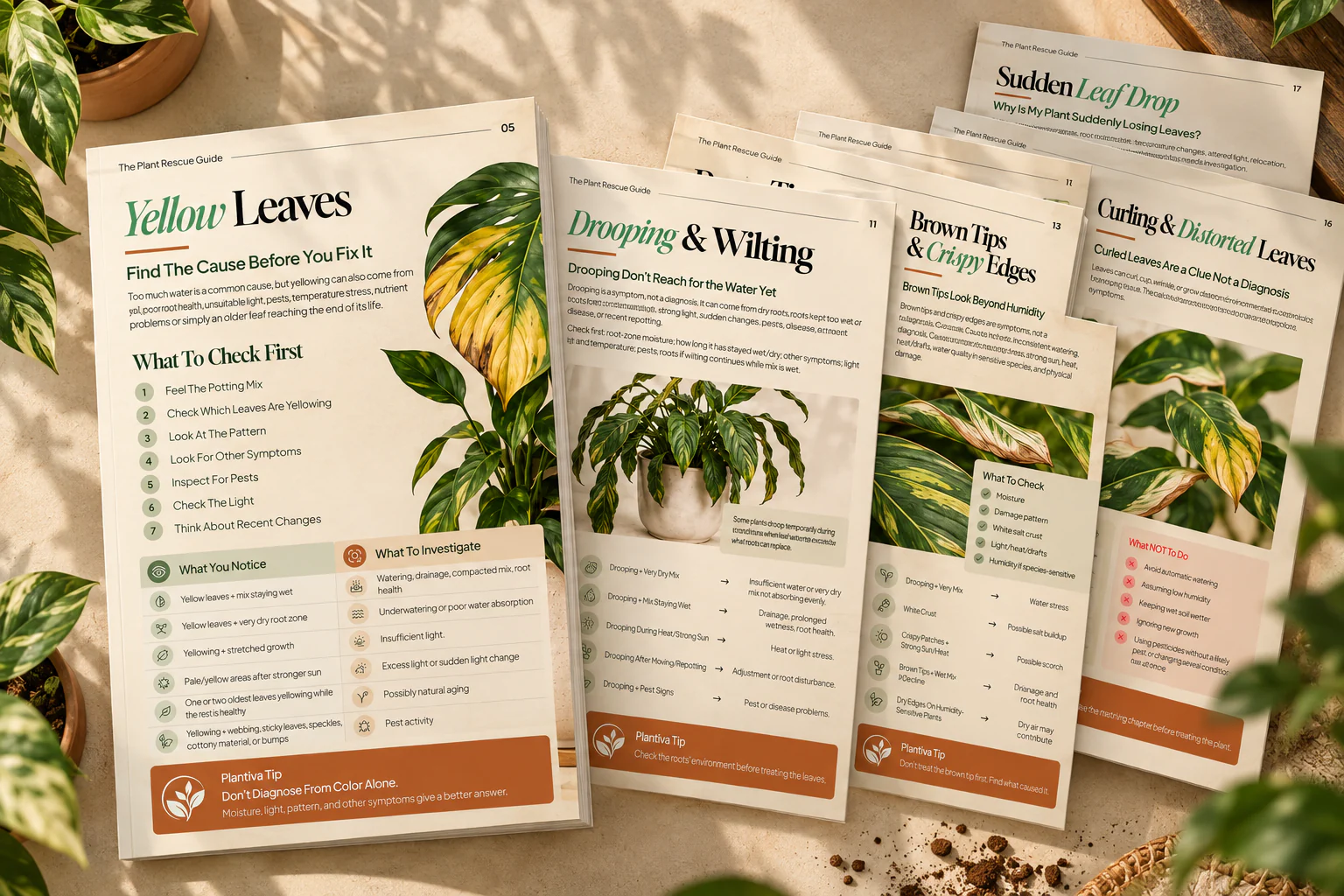 Plant Rescue Guide pages for yellow leaves, drooping, brown tips, curled leaves and leaf drop