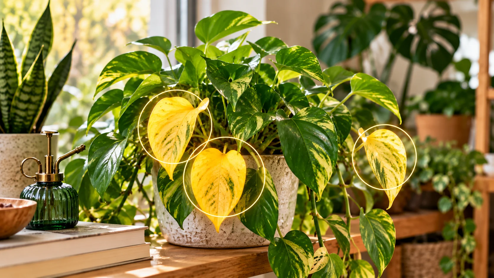 Yellow leaves highlighted on a pothos houseplant