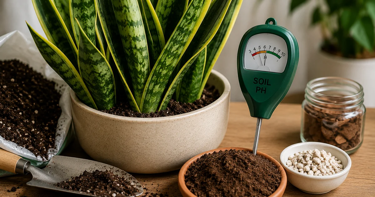 Snake plant beside potting soil and a soil pH testing meter