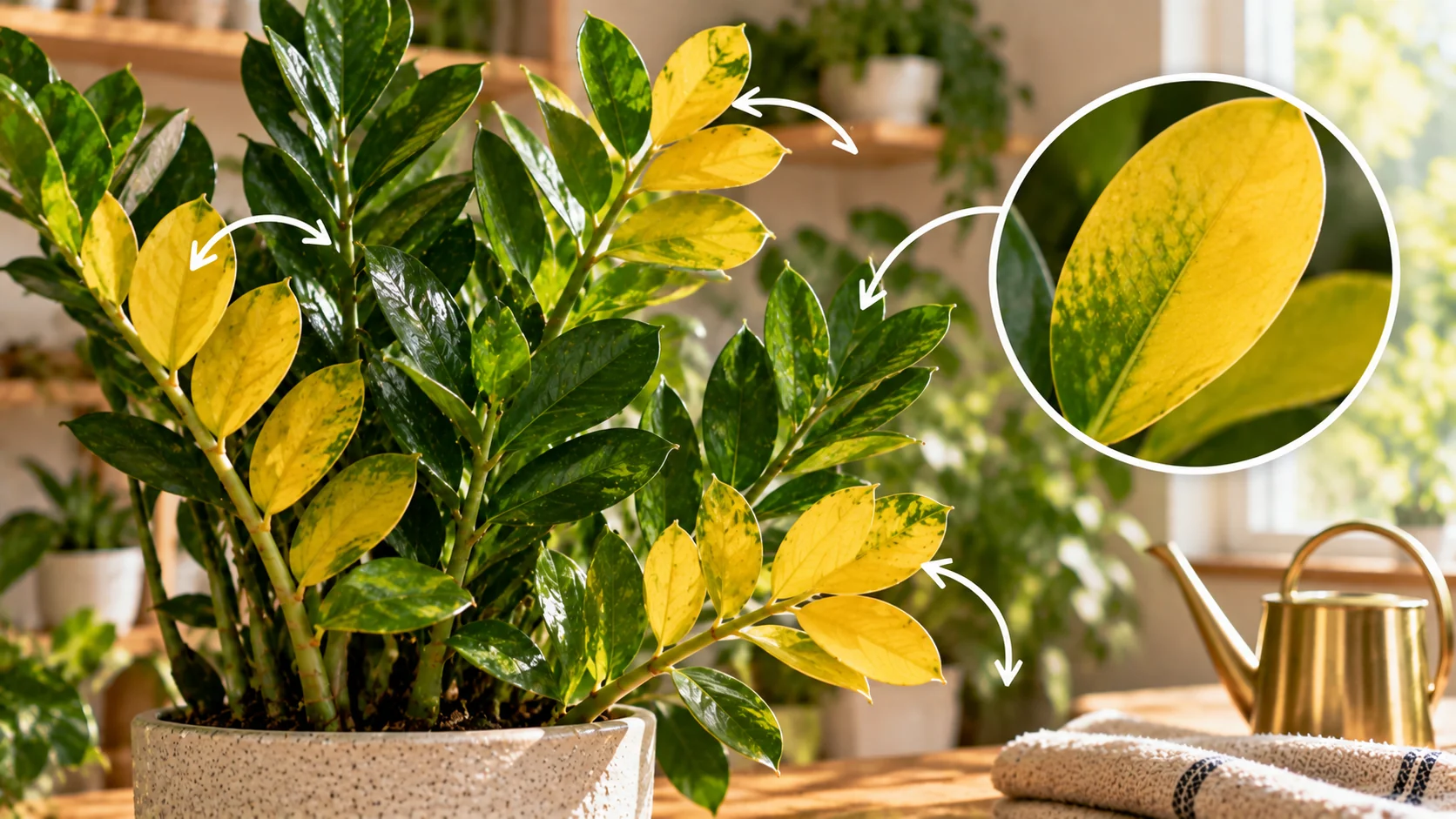Yellowing leaves highlighted on a ZZ plant